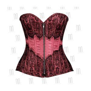 Tea Pink and Black Overbust Corset with Eyelash Lace Overlay & Silver Zipper